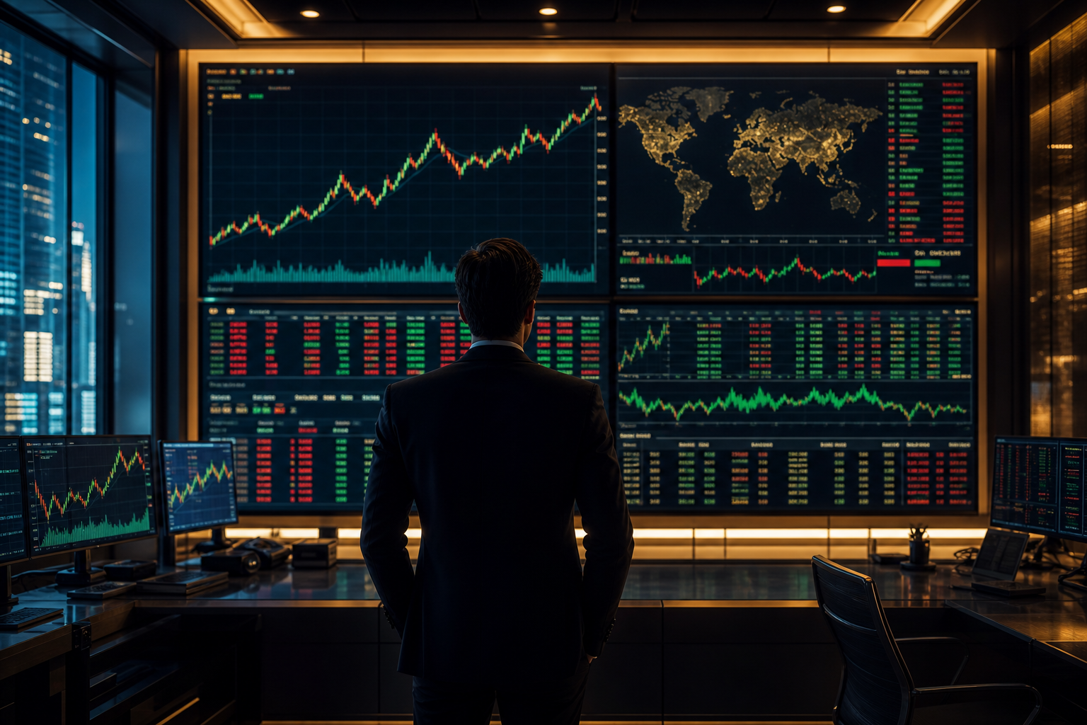 Professional trader in front of a wall of market data