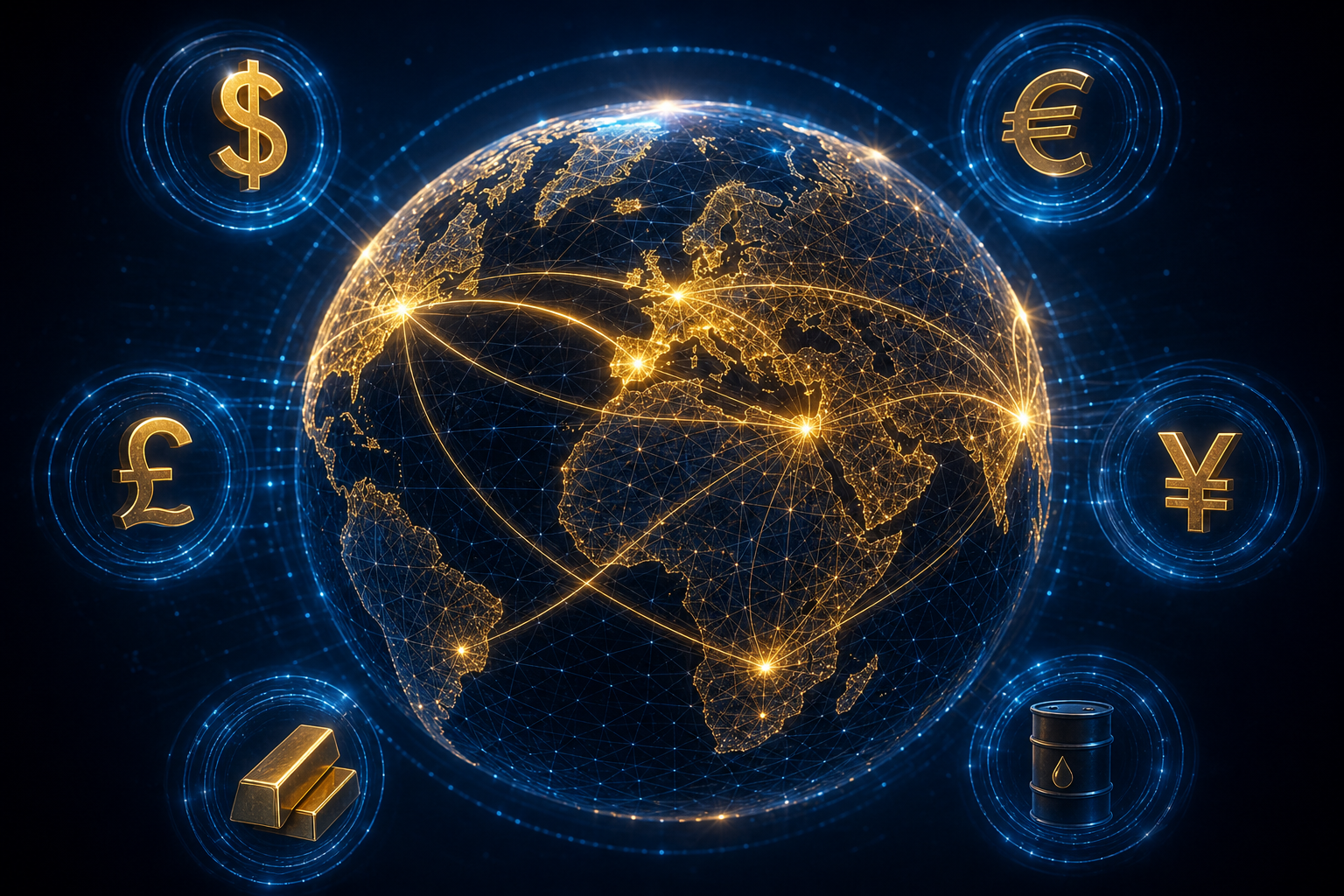 Glowing globe with financial connection lines
