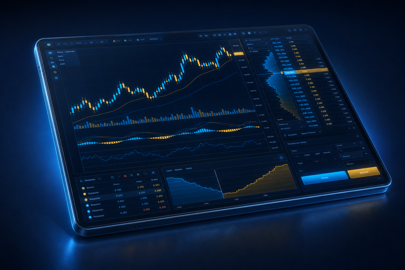 Sleek glowing trading platform on a dark glass tablet